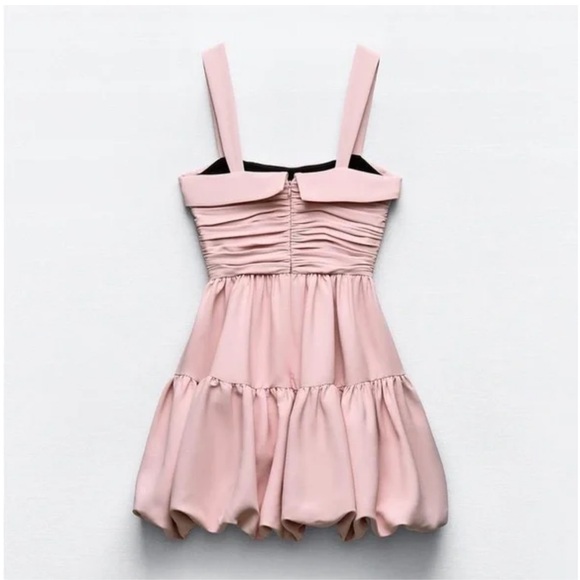 ZARA DRAPED BALLOON MINI DRESS WEDDING GUEST BEIGE PINK SMALL 3435/324 - Picture 3 of 9